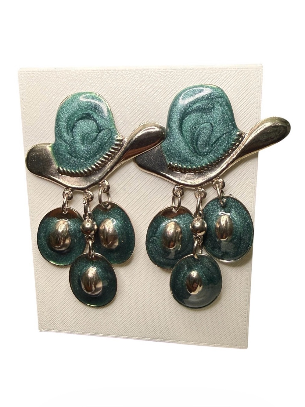 Vintage Southwestern Cowboy Hat Dangle Earrings Teal Turquoise Glitter Enamel - Picture 2 of 4
